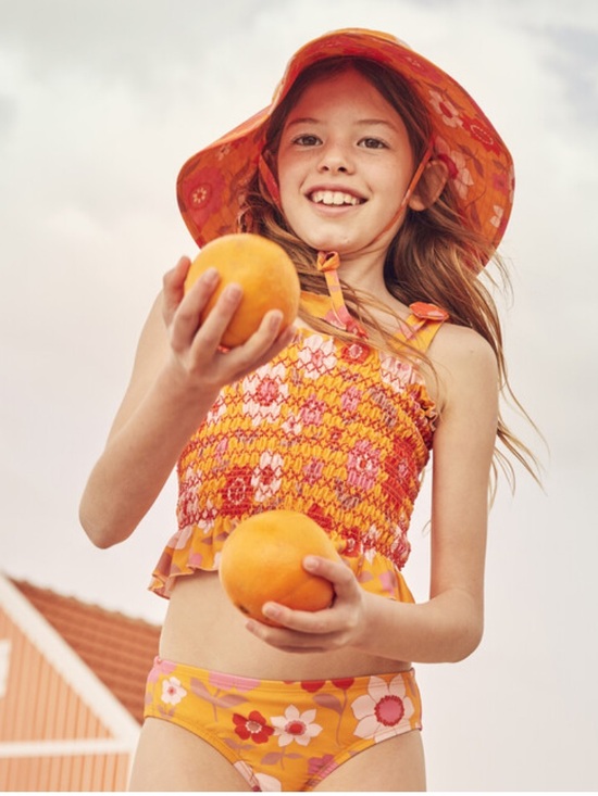 Maison Me Other - Girls' Maison Me Orange Melanie Smocked Floral Retro Two-Piece Swim Set sz 6-7Y
